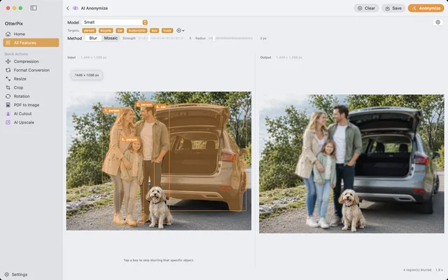 The OtterPix AI Anonymize tool on macOS: a family photo with numbered person and car detections in the input pane, and an output where the adults and the car are blurred while one person stays sharp.