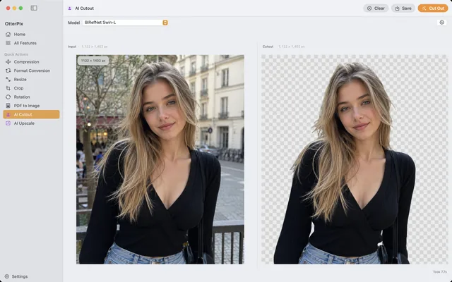The OtterPix AI Cutout tool on macOS: a portrait as the Input on the left and, in the Cutout pane on the right, the same subject on a transparent checkerboard with the hair edges intact.