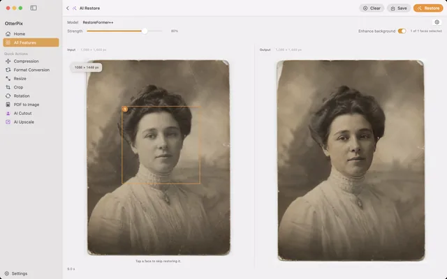 The OtterPix AI Restore tool on macOS: an old portrait with a numbered face box on the input side, and the same face noticeably sharper in the output pane.