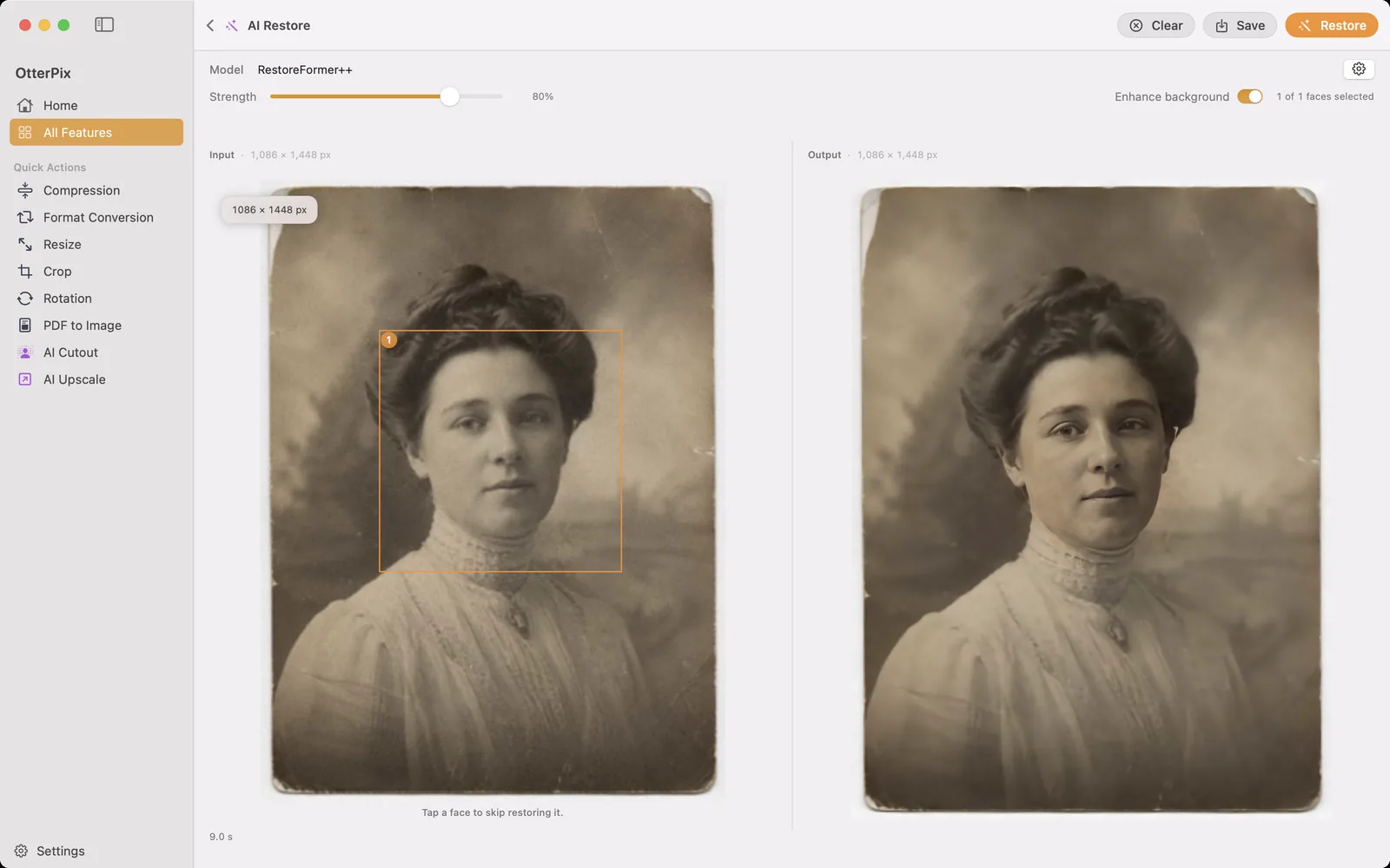 The OtterPix AI Restore tool on macOS: an old portrait with a numbered face box on the input side, and the same face noticeably sharper in the output pane.