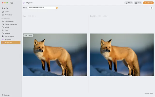 The OtterPix AI Upscale tool on macOS: a 1,000 × 665 px fox photo on the input side, enlarged to 4,000 × 2,660 px in the Output (×4) pane, with pixel-dimension badges above both panes.