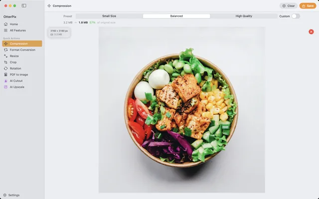 The OtterPix Compression tool on macOS with a photo loaded, the Balanced preset selected and the readout showing 3.2 MB → 1.8 MB, 57% of the original size.