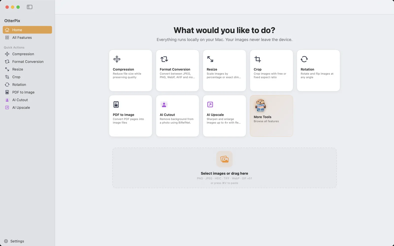 The OtterPix home screen on macOS with tool cards, a drop zone, and the note that everything runs locally and images never leave the device.