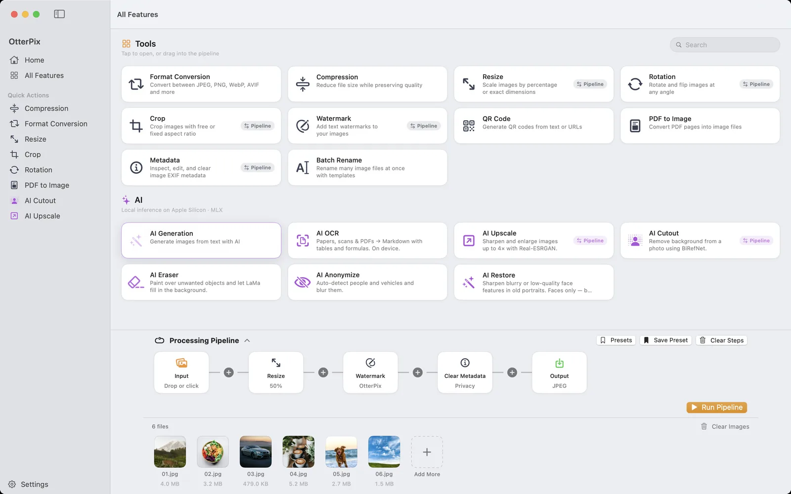 The OtterPix Pipeline on macOS with six photos queued and Resize, Watermark and Clear Metadata steps chained before the JPEG output.